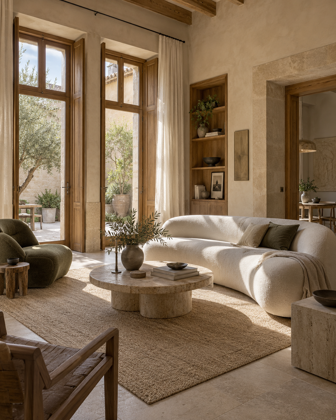 Illustrative renovated living room with natural oak, limestone and warm sunlight